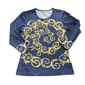 J McLaughlin Navy Blue Gold Baroque Print Long Sleeve Crew Neck Top Women's XS